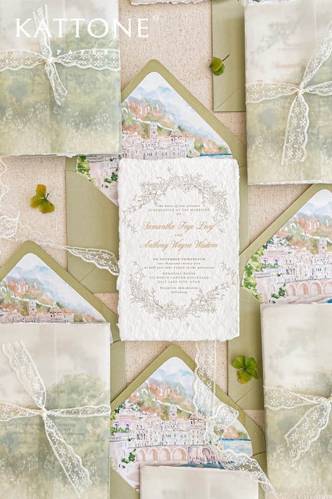 Elegant and deeply romantic, these handmade paper wedding invitations feature a stunning custom watercolor venue illustration, blending fine art and personal storytelling in one timeless suite. Each invitation is printed on luxury cotton handmade paper. The centerpiece of this suite is the hand-painted watercolor venue artwork, capturing the charm and atmosphere of your wedding location in exquisite detail.