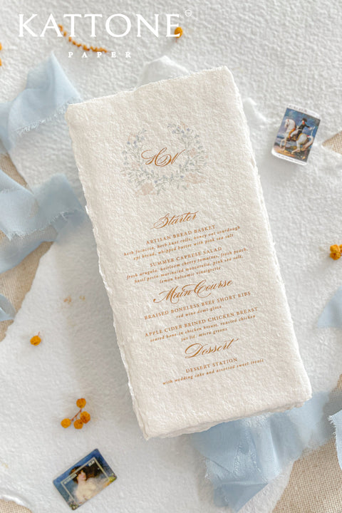 Refined and timeless, our handmade paper menus bring a touch of fine-art elegance to your wedding tablescape. Crafted from 100% cotton paper with natural deckled edges, each piece features a soft, tactile texture that perfectly complements romantic and elevated wedding themes.