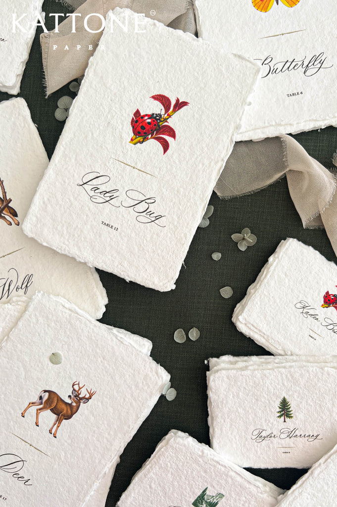 Overhead flat lay of custom watercolor woodland wedding escort cards featuring illustrated forest animals, birds, butterflies, a ladybug, and a deer. Personalized guest names and assigned table numbers are printed on ivory handmade paper with natural deckled edges, arranged with soft chiffon ribbon and delicate dried flowers.