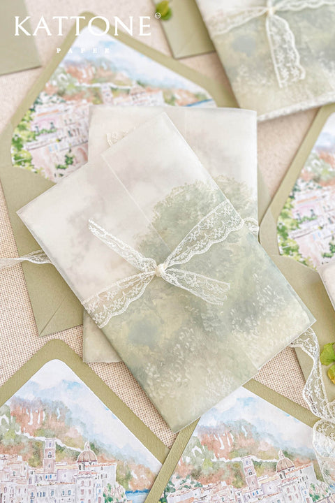 Elegant and deeply romantic, these handmade paper wedding invitations feature a stunning custom watercolor venue illustration, blending fine art and personal storytelling in one timeless suite. Each invitation is printed on luxury cotton handmade paper. The centerpiece of this suite is the hand-painted watercolor venue artwork, capturing the charm and atmosphere of your wedding location in exquisite detail.