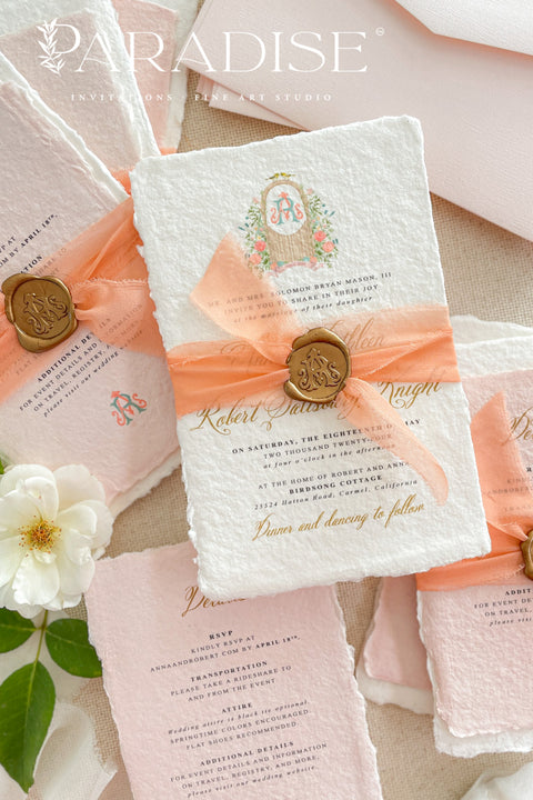 Announce your special day with an invitation suite that is a true work of art. These romantic invitation sets are defined by their exquisite artistry and high-end materials. Each invitation is crafted on luxurious, artisan fine art deckle edge paper, which features a natural, beautifully textured finish. The deckle edge, with its unique feathery border, evokes a sense of timeless romance, making this a truly luxury wedding suite that your guests will cherish as a keepsake.