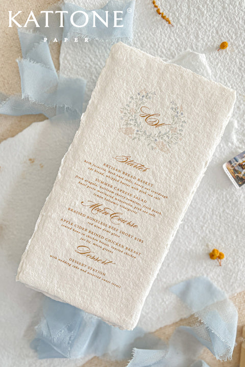 Refined and timeless, our handmade paper menus bring a touch of fine-art elegance to your wedding tablescape. Crafted from 100% cotton paper with natural deckled edges, each piece features a soft, tactile texture that perfectly complements romantic and elevated wedding themes.
