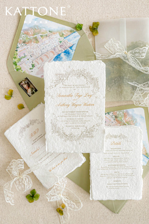 Elegant and deeply romantic, these handmade paper wedding invitations feature a stunning custom watercolor venue illustration, blending fine art and personal storytelling in one timeless suite. Each invitation is printed on luxury cotton handmade paper. The centerpiece of this suite is the hand-painted watercolor venue artwork, capturing the charm and atmosphere of your wedding location in exquisite detail.