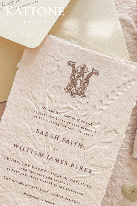 Announce your special day with understated elegance and a luxurious, tactile finish. These exquisite wedding invites combine the refined art of blind embossing with the organic beauty of natural deckle edge paper, creating a truly memorable experience for your guests. Perfect for a garden wedding, an outdoor celebration, or any couple who appreciates fine craftsmanship and minimalist design. The lack of ink on the embossing highlights the paper's texture and craftsmanship.
