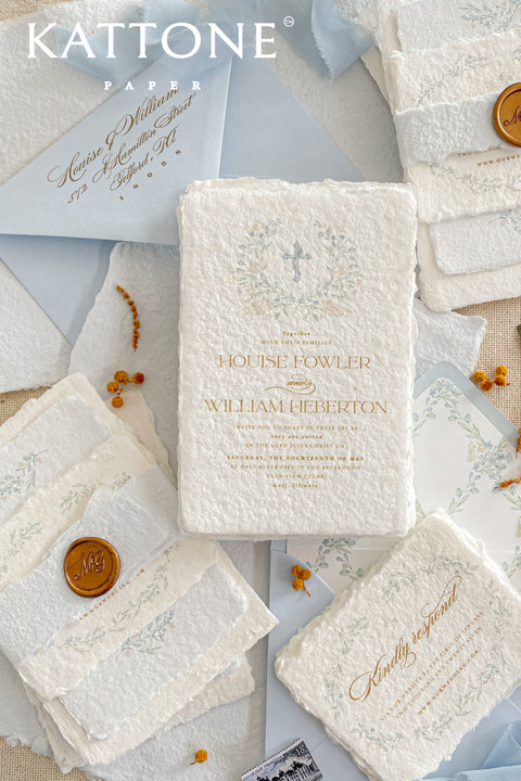 A serene and faith-inspired christening invitation crafted from luxurious handmade paper and adorned with soft watercolor botanicals. Featuring a delicate floral wreath and subtle Christian cross, this design blends timeless elegance with gentle color and refined typography. Perfect for baptisms and church ceremonies, it offers a meaningful keepsake that beautifully honors this sacred milestone.
