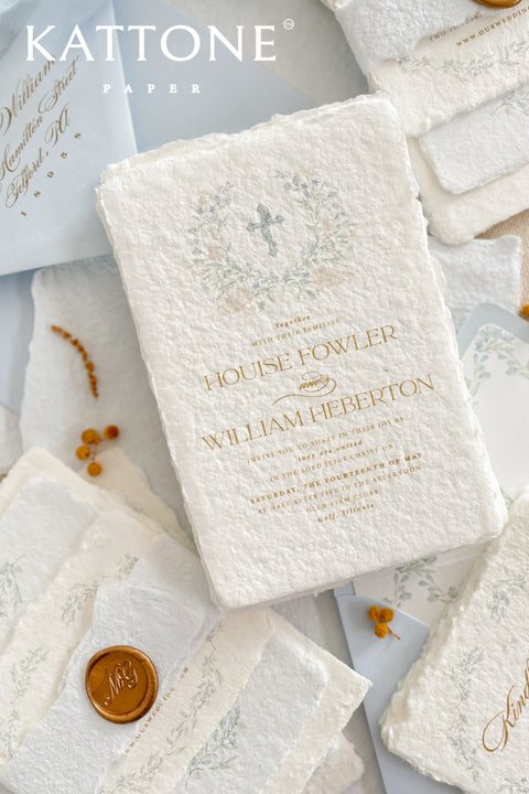 A serene and faith-inspired christening invitation crafted from luxurious handmade paper and adorned with soft watercolor botanicals. Featuring a delicate floral wreath and subtle Christian cross, this design blends timeless elegance with gentle color and refined typography. Perfect for baptisms and church ceremonies, it offers a meaningful keepsake that beautifully honors this sacred milestone.