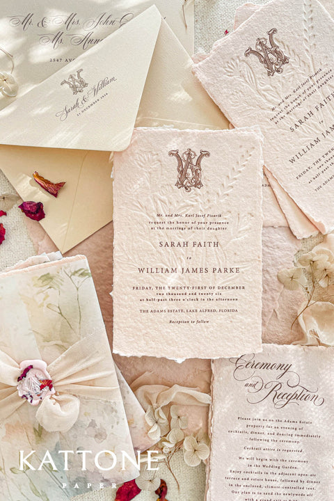 Announce your special day with understated elegance and a luxurious, tactile finish. These exquisite wedding invites combine the refined art of blind embossing with the organic beauty of natural deckle edge paper, creating a truly memorable experience for your guests. Perfect for a garden wedding, an outdoor celebration, or any couple who appreciates fine craftsmanship and minimalist design. The lack of ink on the embossing highlights the paper's texture and craftsmanship.