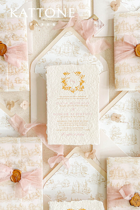 This exquisite wedding invitations suite offers a blend of timeless charm and personalized artistry. The suite features beautiful pretty stationery enclosed in a translucent custom toile de jouy vellum jacket, printed with your unique custom crest monogram. The result is a truly elegant and memorable keepsake that sets a romantic and intimate tone for your special day.