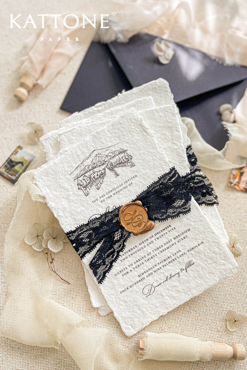 Announce your special day with a timeless, classic feel with these beautiful cotton invites. This vintage invite set features a deeply personal and artistic custom venue illustration, hand-drawn by us to capture the charm of your wedding location. Printed on luxurious cotton paper, these invitations have a soft, rich texture that feels both rustic and elegant, making them a beautiful keepsake for your guests.