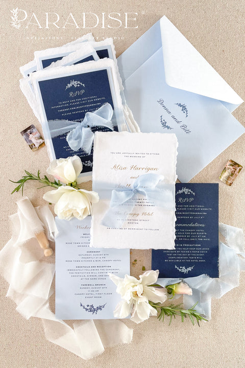 Elegant, timeless, and entirely handmade - this blue fine art wedding invitation suite was created for couples who want their stationery to feel as meaningful and beautiful as their love story. Each invitation is printed on luxurious deckled-edge cotton paper, hand-torn for that soft, organic texture, and wrapped in a dusty blue chiffon ribbon that adds a romantic finishing touch.