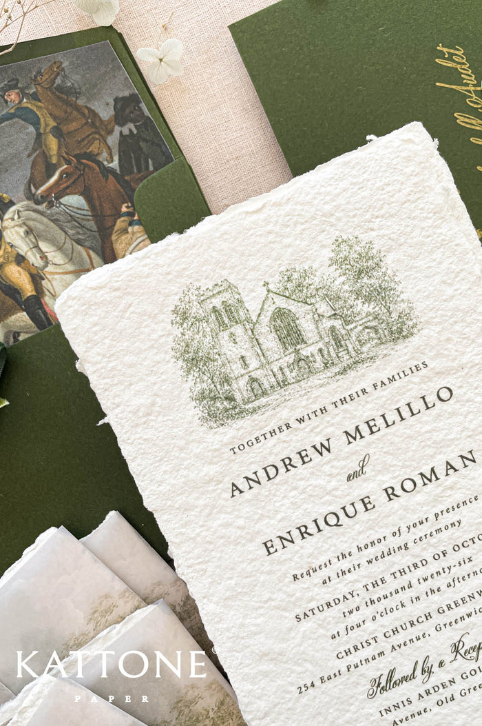 Custom envelope liners and inserts feature vintage-inspired landscape artwork in muted green and earthy tones, creating a timeless and artistic aesthetic.