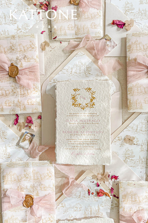 This exquisite wedding invitations suite offers a blend of timeless charm and personalized artistry. The suite features beautiful pretty stationery enclosed in a translucent custom toile de jouy vellum jacket, printed with your unique custom crest monogram. The result is a truly elegant and memorable keepsake that sets a romantic and intimate tone for your special day.