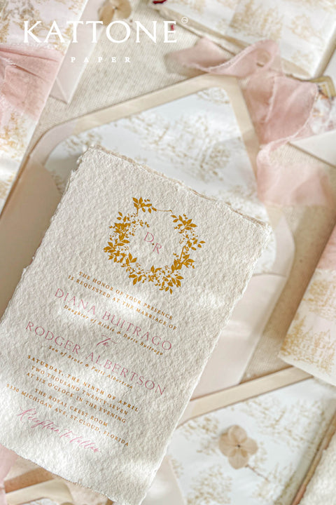 This exquisite wedding invitations suite offers a blend of timeless charm and personalized artistry. The suite features beautiful pretty stationery enclosed in a translucent custom toile de jouy vellum jacket, printed with your unique custom crest monogram. The result is a truly elegant and memorable keepsake that sets a romantic and intimate tone for your special day.