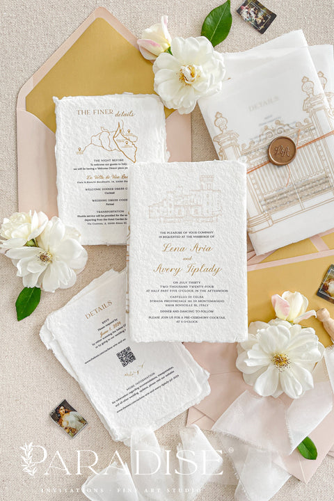 Invite your guests to your special day with a timeless and deeply personal touch with these exquisite wedding invitations. Each invite is a beautiful work of art, featuring a bespoke custom venue illustration sketch, hand-drawn to capture the unique charm of your location. The invitations, printed on luxurious handmade paper, are beautifully enclosed in a translucent vellum jacket and sealed with a personalized muted gold wax seal, creating a memorable unboxing experience.