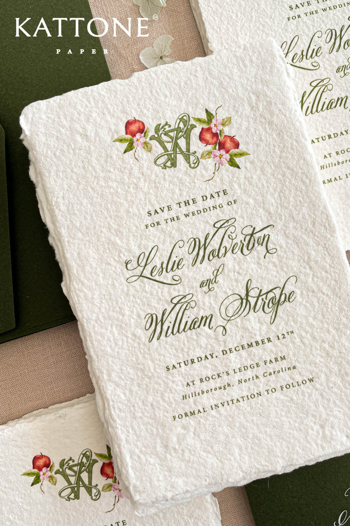 Custom wedding monogram with delicate watercolor florals printed at the top of handmade save the date cards.