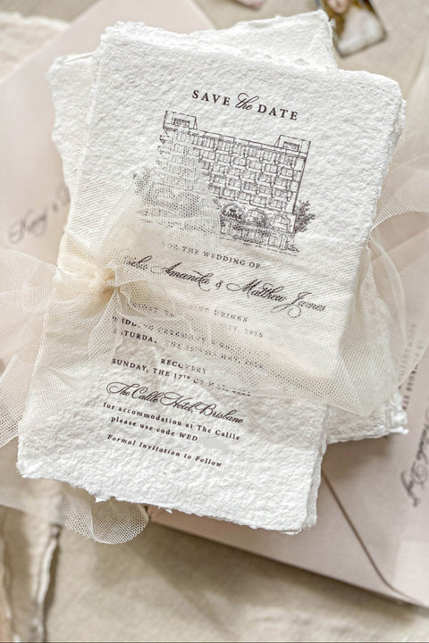 Announce your special day in timeless style with our handmade paper Save the Date cards, featuring a fine line illustration of your wedding venue. Each card is printed on luxurious 100% cotton handmade paper with natural deckled edges, wrapped in a sheer tulle ribbon for a soft, romantic finish. Perfect for fine art weddings, vineyard celebrations, or destination events.