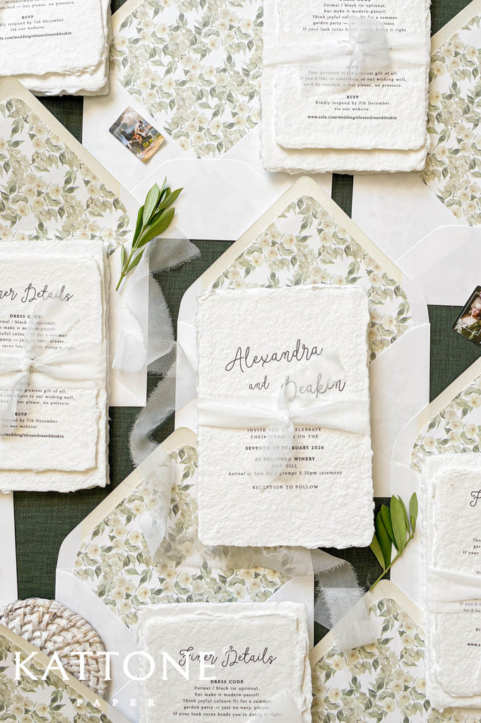 Luxury wedding invitation paired with ivory envelope and floral envelope liner, soft botanical pattern, timeless romantic stationery design.