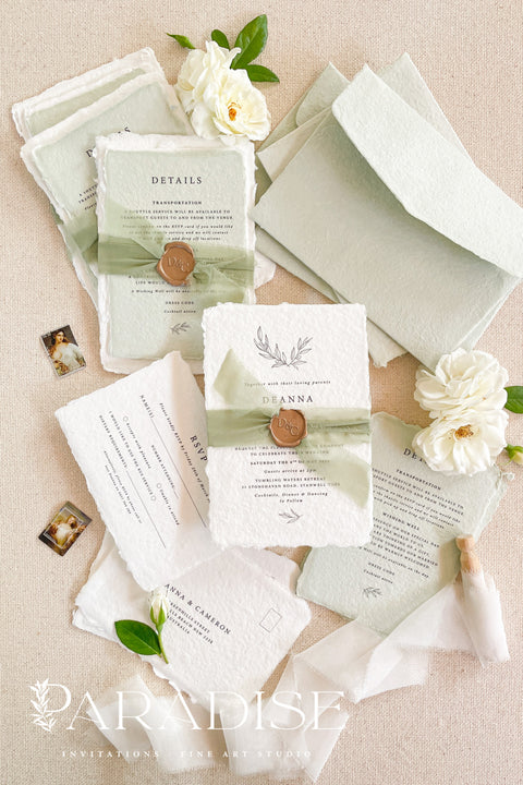 This exquisite wedding invitation set offers a blend of natural elegance and romantic charm. Perfect for a garden wedding, these beautiful invites feature a sophisticated olive green stationery design that evokes the serene beauty of nature. The result is a truly timeless romantic wedding stationery suite that beautifully captures the essence of your special day.