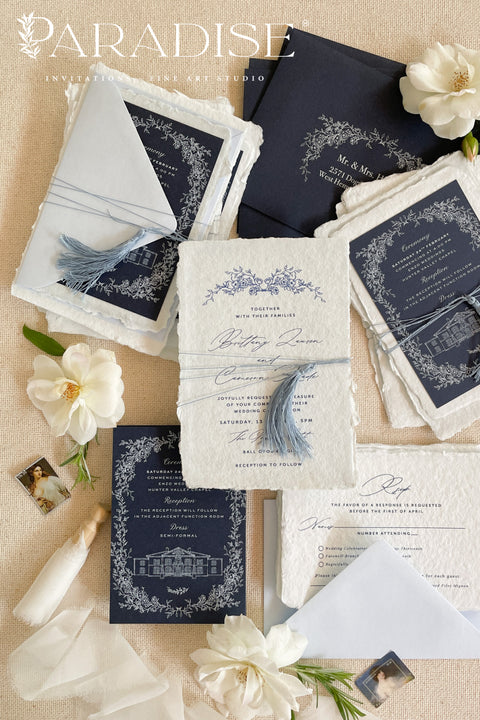 Invite your guests to your special day with the whimsical and elegant touch of this handmade paper wedding invites suite. Perfect for a garden wedding, these invitations feature a unique tassel detail, adding a pop of color and charm. The suite is printed on custom colored handmade paper, providing a rich, organic texture that sets a warm and inviting tone for your celebration.