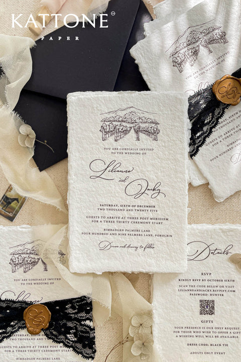 Announce your special day with a timeless, classic feel with these beautiful cotton invites. This vintage invite set features a deeply personal and artistic custom venue illustration, hand-drawn by us to capture the charm of your wedding location. Printed on luxurious cotton paper, these invitations have a soft, rich texture that feels both rustic and elegant, making them a beautiful keepsake for your guests.