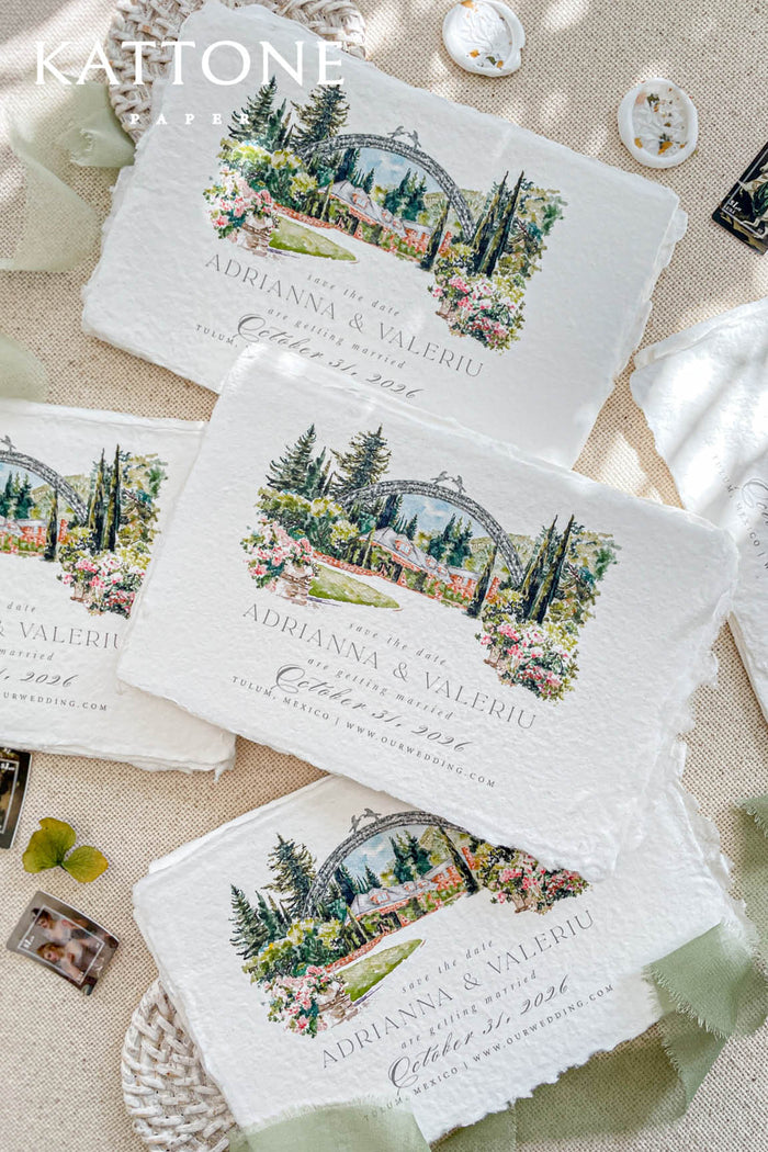 Delvina Handmade Paper Save the Date Cards, Watercolor Venue