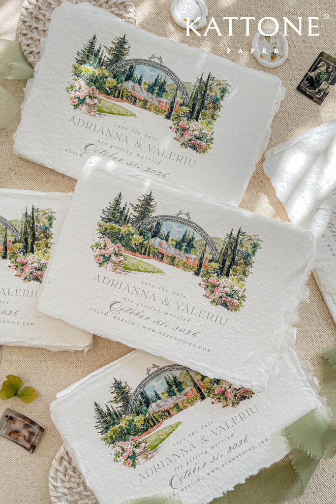 Delvina Handmade Paper Save the Date Cards, Watercolor Venue