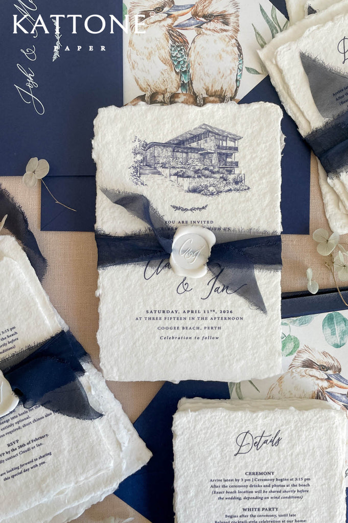 Custom venue illustration printed on handmade wedding invitation with fine line detailing.