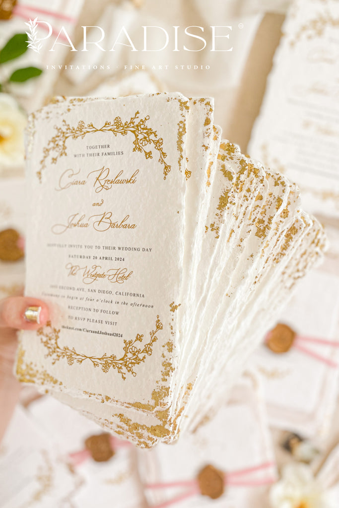 Millie Handmade Paper, Golden Leaf Wedding Invitations