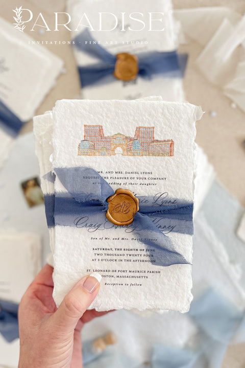 Announce your love story with artistry and elegance through our handmade watercolor wedding invitations, featuring a hand-drawn illustration of your wedding venue. Each piece is uniquely crafted and painted with soft, detailed watercolor brushwork, turning your chosen venue - be it a chapel, garden, or estate - into a personal keepsake your guests will adore.