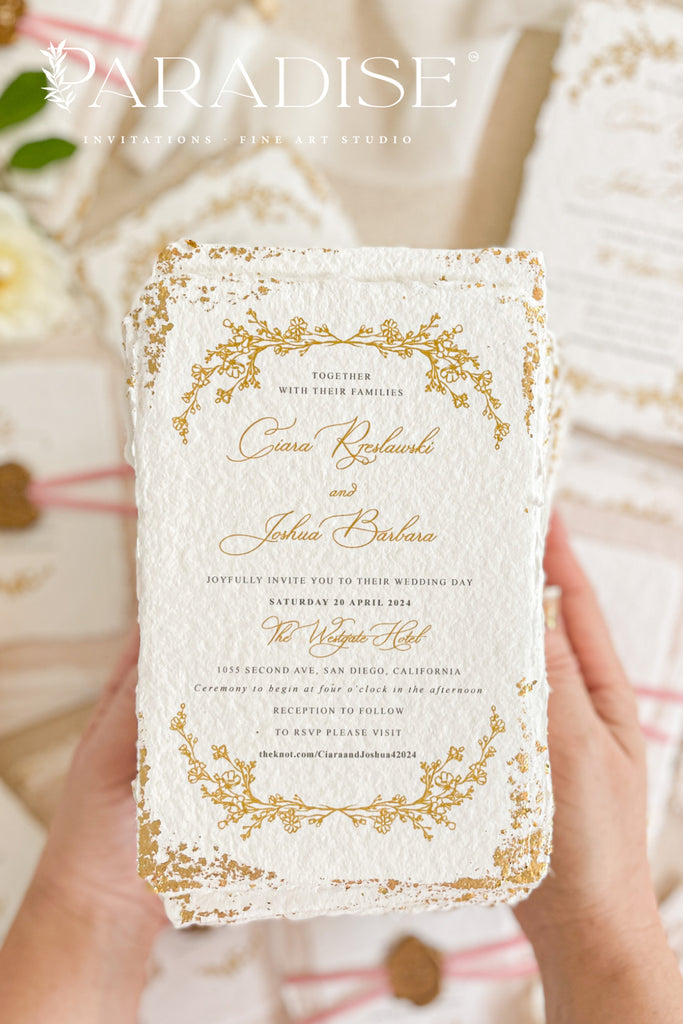 Millie Handmade Paper, Golden Leaf Wedding Invitations