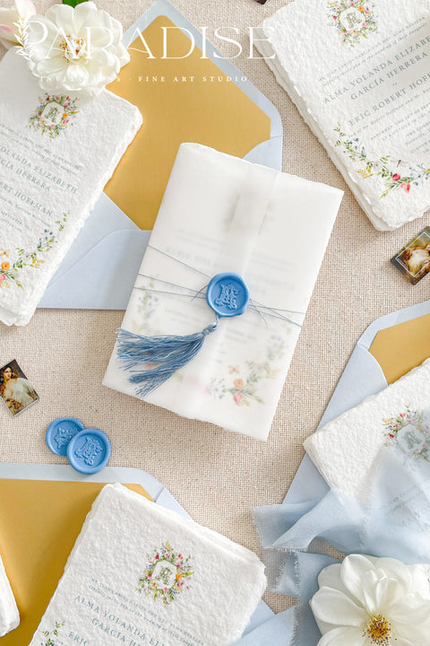 This exquisite wedding invitation set offers a blend of timeless charm and whimsical artistry. Each suite is printed on a luxurious handmade paper from our cotton rag suite, providing a rich, tactile feel. A delicate tassel is included with each invite, adding a playful pop of color and charm. The beautiful watercolor floral invites create a stunning and romantic preview of your special day.