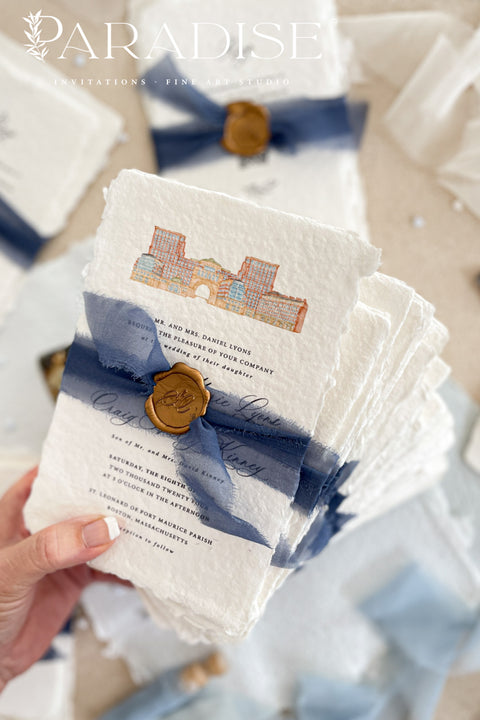 Announce your love story with artistry and elegance through our handmade watercolor wedding invitations, featuring a hand-drawn illustration of your wedding venue. Each piece is uniquely crafted and painted with soft, detailed watercolor brushwork, turning your chosen venue - be it a chapel, garden, or estate - into a personal keepsake your guests will adore.