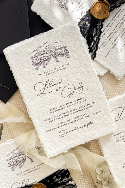 Announce your special day with a timeless, classic feel with these beautiful cotton invites. This vintage invite set features a deeply personal and artistic custom venue illustration, hand-drawn by us to capture the charm of your wedding location. Printed on luxurious cotton paper, these invitations have a soft, rich texture that feels both rustic and elegant, making them a beautiful keepsake for your guests.