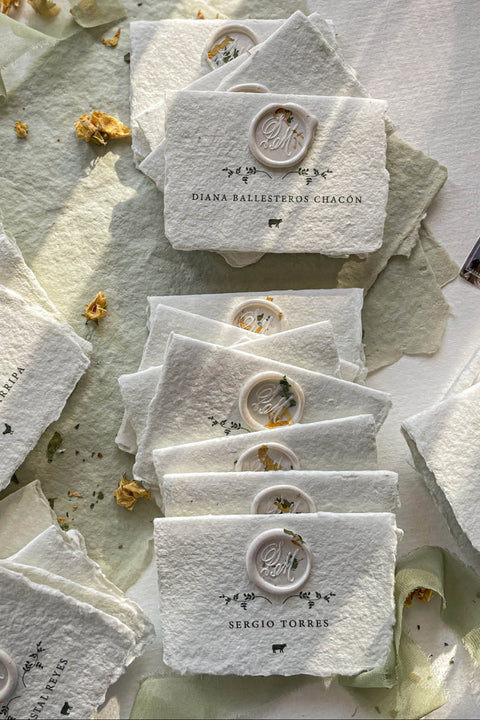 Elevate your table setting with our fine-art handmade paper place cards, each adorned with an elegant pressed-flower wax seal and delicate botanical artwork. Crafted from luxury deckled-edge cotton paper, these name cards bring a romantic, organic charm to weddings, garden celebrations, and intimate events. Their soft sage tones and artisanal texture create an unforgettable, heirloom-quality detail for your guests.