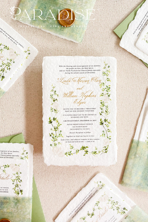 This exquisite wedding invitation set offers a blend of natural elegance and personalized artistry. Perfect for a garden green wedding, these beautiful custom elegant invites are printed on luxurious handmade deckled edge paper, which provides a rich, tactile feel and a truly unique finish. The result is a stationery suite that is both sophisticated and harmonious, beautifully capturing the essence of your special day.