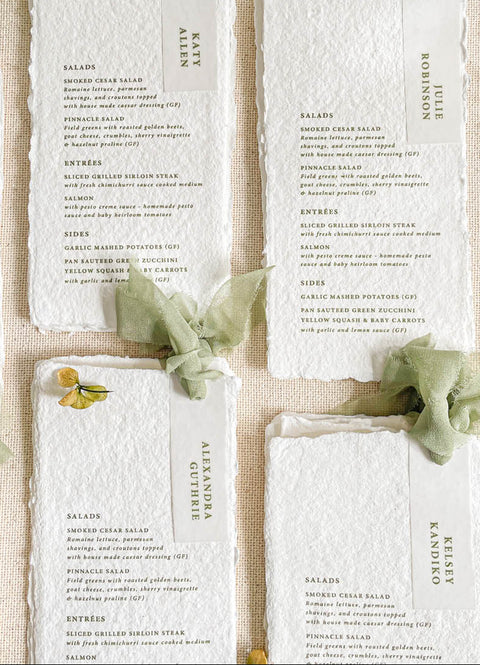 Add an ethereal touch to your wedding tables with our handmade paper menus with silk ribbons, crafted on luxury cotton paper with naturally deckled edges. Each piece features soft, hand-dyed silk chiffon ribbons and minimalist typography, blending refined simplicity with organic beauty. Perfect for romantic, fine-art, or garden weddings, these menus exude timeless charm and artisanal craftsmanship, setting the tone for a sophisticated celebration.
