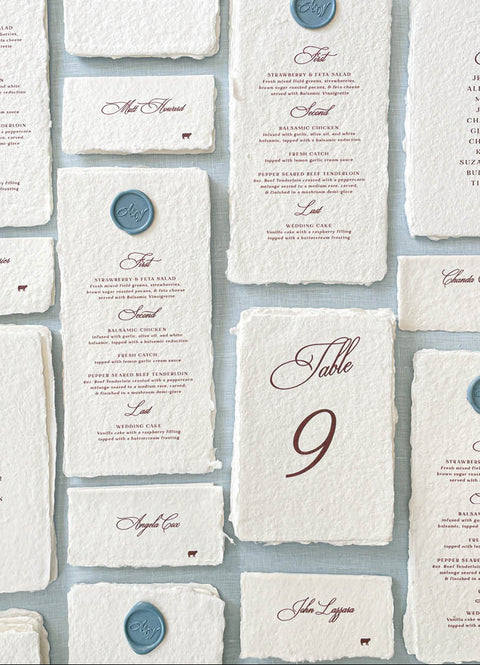 Celebrate refined simplicity with our handmade paper menus, designed for elegant weddings and fine-art gatherings. Each piece is made from luxury cotton paper with natural deckled edges and finished with a custom wax seal, offering a timeless and sophisticated touch. Perfect for romantic, classic, or European-inspired weddings, these menus add texture, character, and artisan craftsmanship to your table setting.