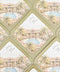 Overhead flat lay of luxury sage green wedding envelopes arranged in a repeating geometric pattern, each featuring a custom watercolor envelope liner depicting a tropical resort courtyard with a blue swimming pool, tall palm trees and warm terracotta architecture. The white liners feature an elegant calligraphy monogram above the colorful architectural illustration. The soft olive and sage green envelopes complement the warm peach, golden yellow and turquoise tones of the watercolor artwork, creating an ele