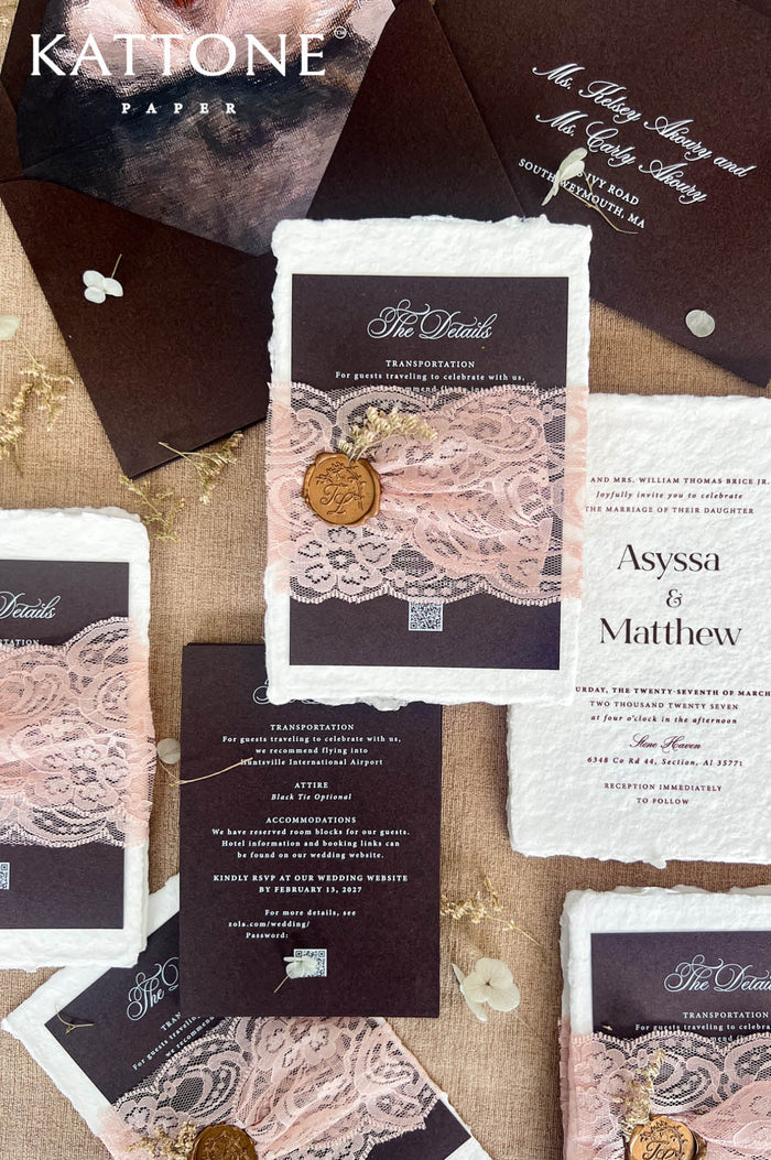 A styled flat-lay of Kattone Paper wedding stationery featuring dark brown and white textured paper, delicate rose gold lace overlays, vintage-style wax seals, and twine details on a linen background.