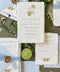 Handmade paper wedding invitation suite with deckle edges, custom watercolor lemon illustrations, soft blue envelopes, and wax seal accents.