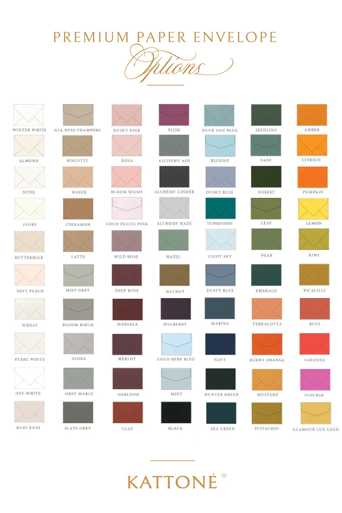 Color swatch chart for Kattone premium paper envelopes on a white background