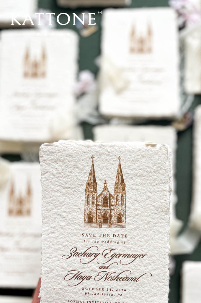 Custom illustrated wedding venue printed on handmade paper save the date card.