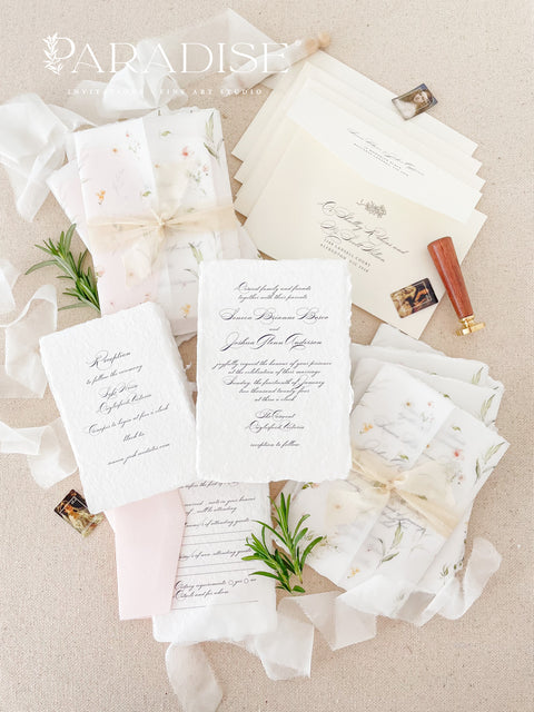 This exquisite wedding invitations suite offers a blend of natural elegance and luxurious sophistication. Perfect for a summer wedding, printed on premium fine art deckle edge paper made from soft cotton paper. This luxury wedding suite combines delicate, hand-painted details with the rich, tactile feel of artisan paper, creating a truly memorable keepsake for your guests.