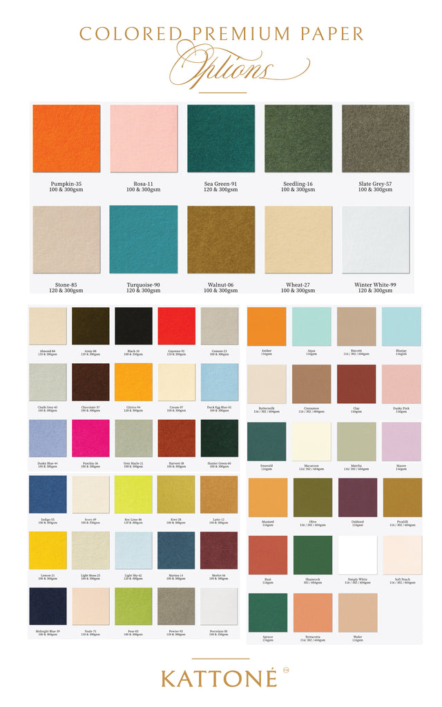 Color swatch chart for Kattone colored premium paper options on a white background.