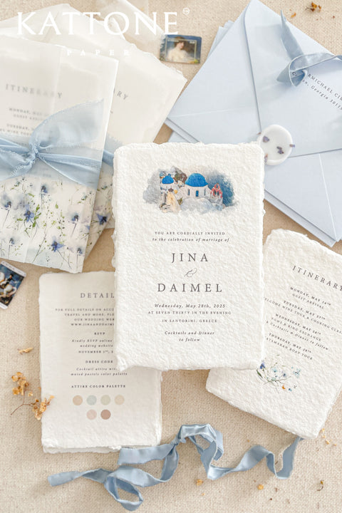 Evoke a sense of travel and fine artistry with this luxurious wedding invitation set from Kattone. Perfect for a destination wedding, this suite combines the tactile beauty of artisan handmade paper with a one-of-a-kind, hand-drawn custom venue illustration. The result is a truly bespoke, fine art keepsake that will beautifully announce your special celebration to your guests.
