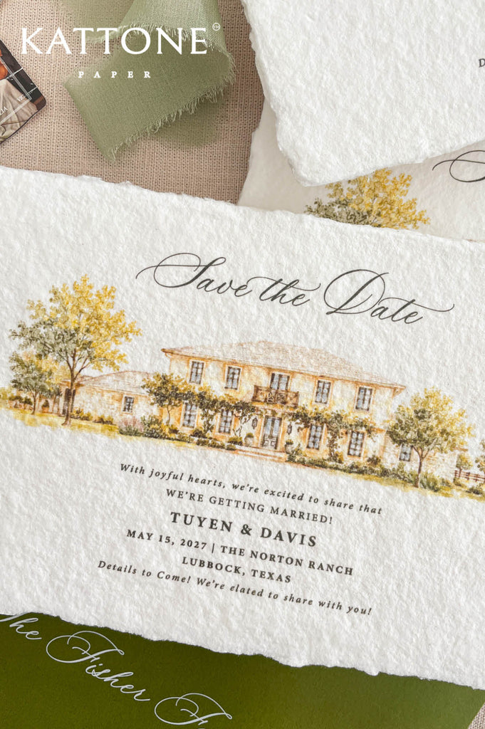Top-down flat lay of multiple handmade deckled-edge save the date cards featuring custom watercolor wedding venue illustrations, elegant script lettering, olive green envelopes, sage ribbon accents, and neutral linen styling