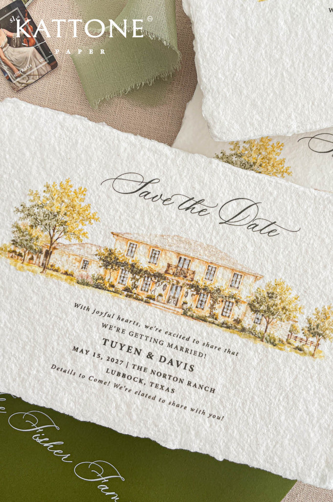 Top-down flat lay of multiple handmade deckled-edge save the date cards featuring custom watercolor wedding venue illustrations, elegant script lettering, olive green envelopes, sage ribbon accents, and neutral linen styling