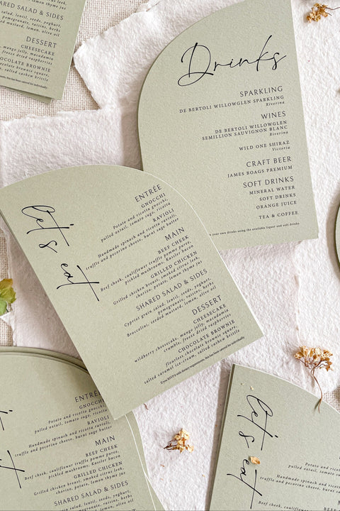 Add modern elegance to your tablescape with our sage green half arch wedding menus, thoughtfully designed for minimalist and fine-art celebrations. Printed on premium textured cardstock with sleek typography and organic curved edges, these menus bring a refined, nature-inspired touch to your event. Perfect for modern, botanical, and garden weddings, they elevate every setting with effortless sophistication.