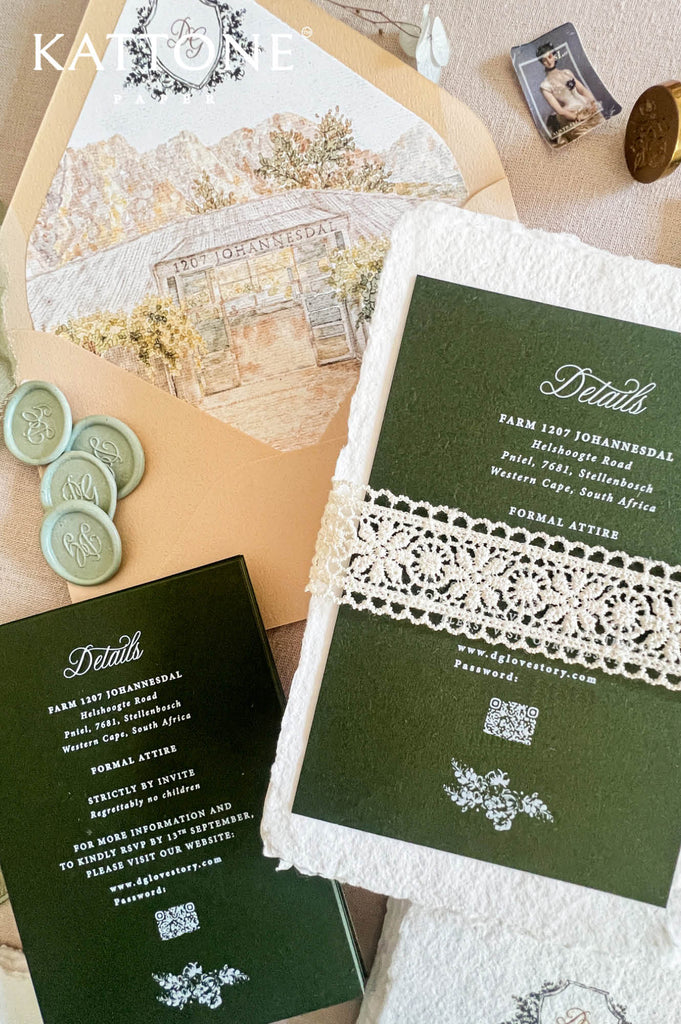 A styled flat-lay of a wedding invitation suite featuring a dark green envelope with a white lace band, matching green cards with white text, a cream floral insert card, and pale green wax seals on a neutral background.