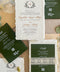 Top-down flat lay of luxury forest green wedding invitation suite featuring ivory handmade deckled-edge paper, botanical monogram crest, dark green details cards, cream lace band, sage green wax seals, beige envelopes, and custom watercolor venue envelope liners styled on a neutral linen background